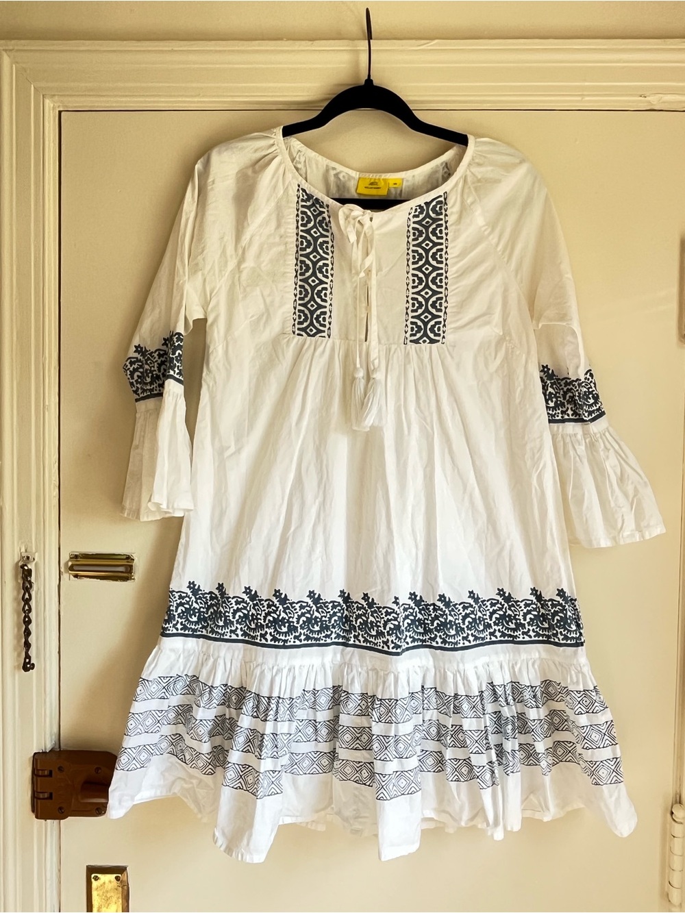 Roller Rabbit Maricruz Mona Boarder Dress XS Bell Sleeves Block Print Boho